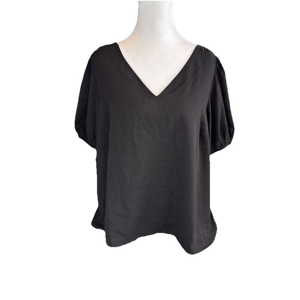 LC Lauren Conrad Blouse Petite L Black Short Flowy Sleeve Woven Tee Women's NWT